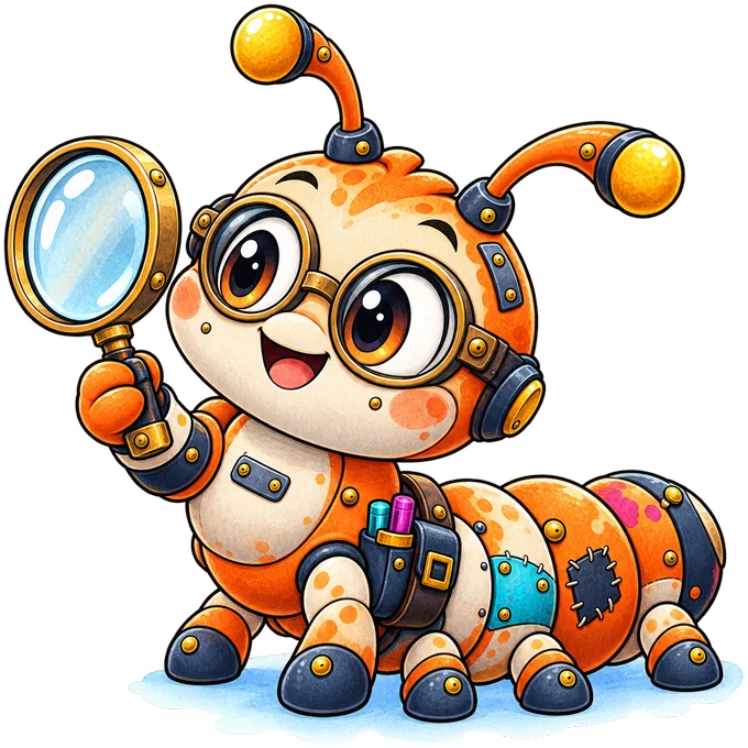 Rev, the Slight Revision caterpillar, inspecting a page with a magnifying glass